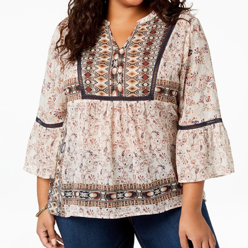 NWT Style&Co Plus Size Mixed-Print Peasant Blouse